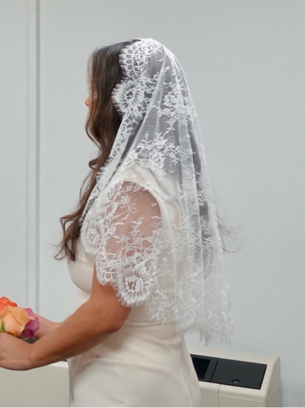 White Lace Bridal Short Veil - Elegant Lace Accent